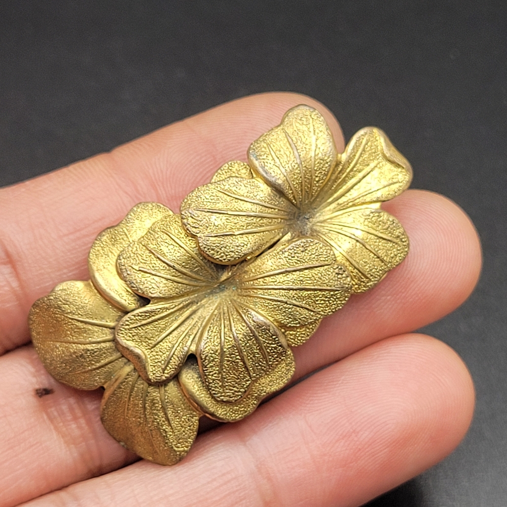 Antique Gold Tone Brass Floral Leaf Cluster Brooch Clip Circa 1930s